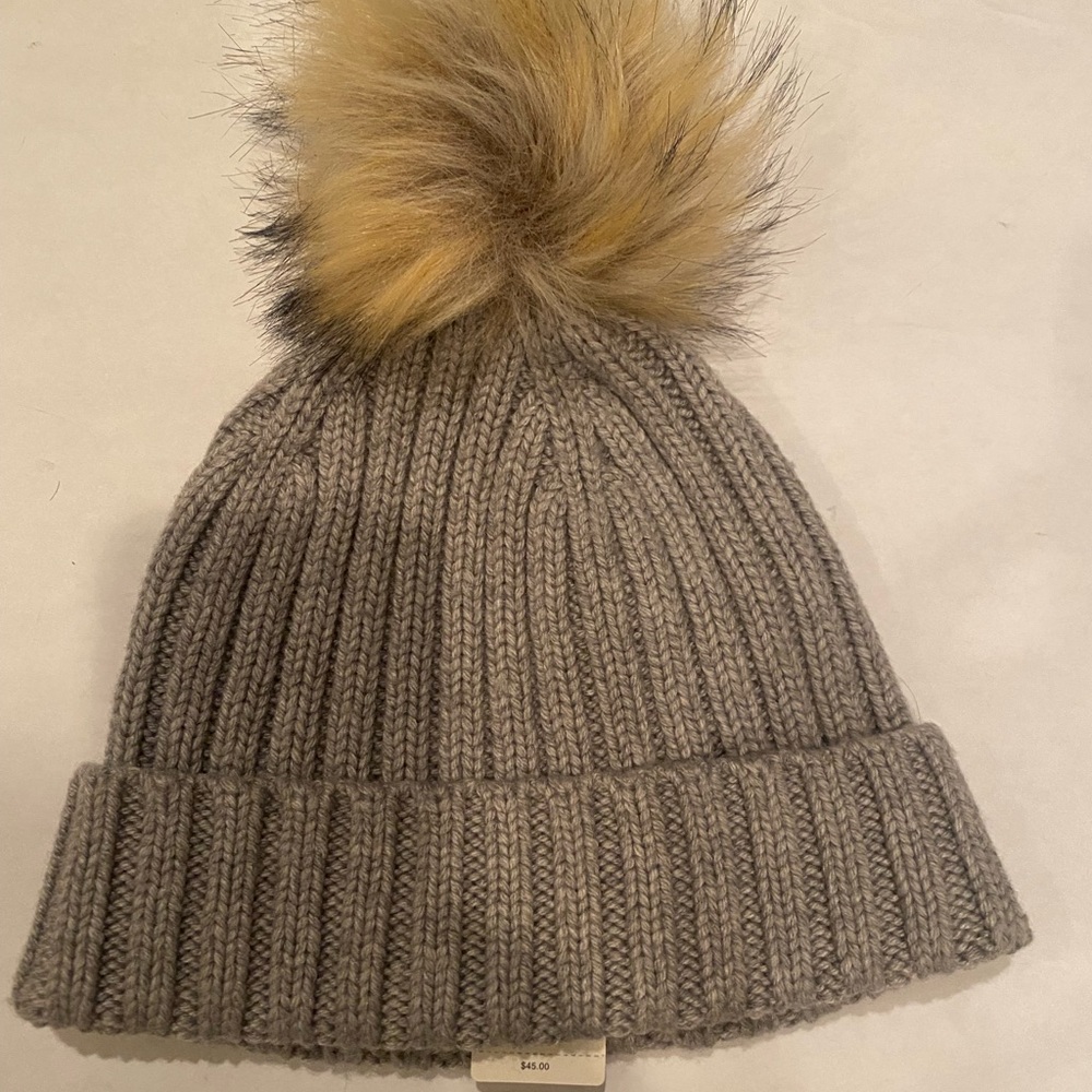 J crew ribbed beanie hat with faux fur Pom Pom GREY